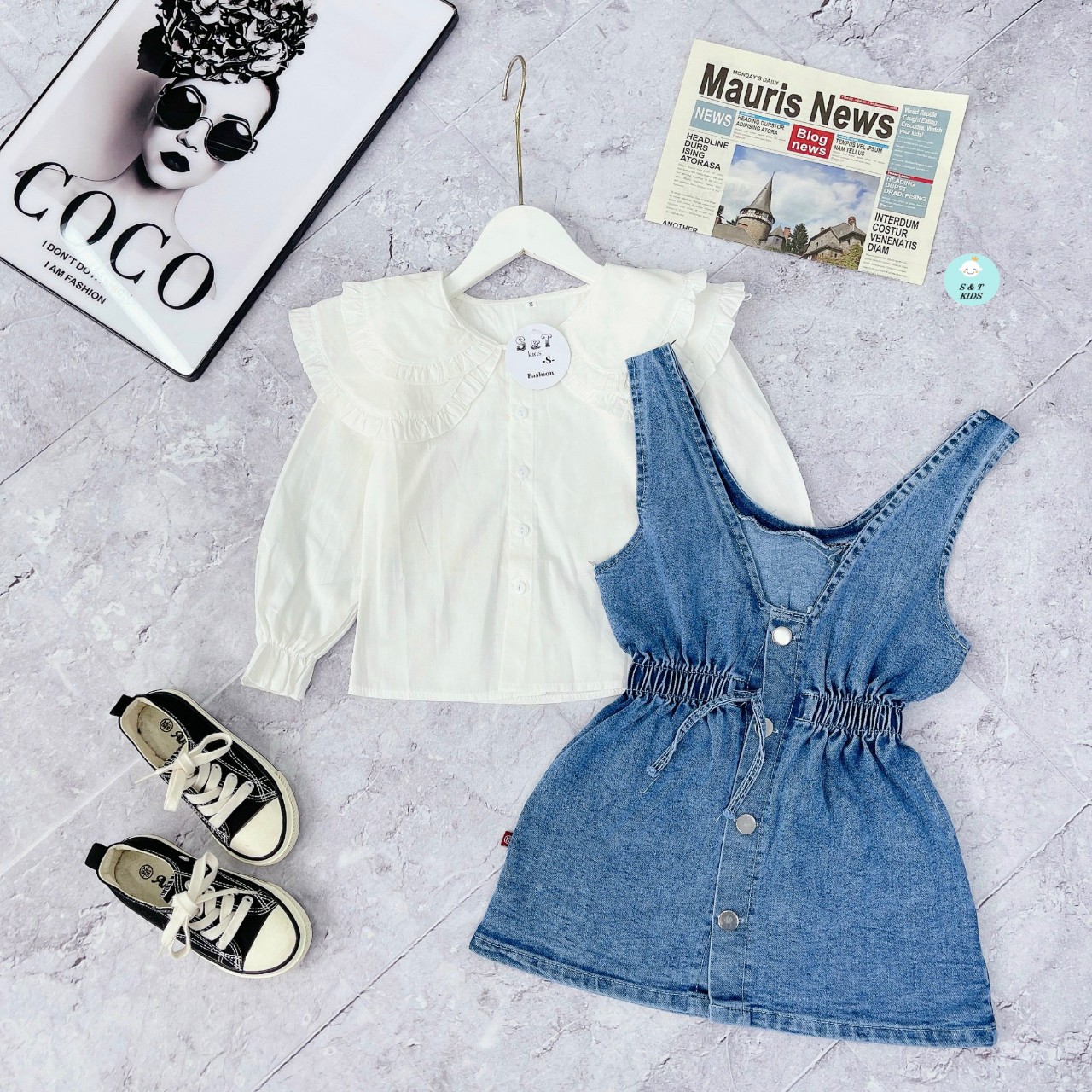 Set áo sơ mi kèm yếm jean cho bé